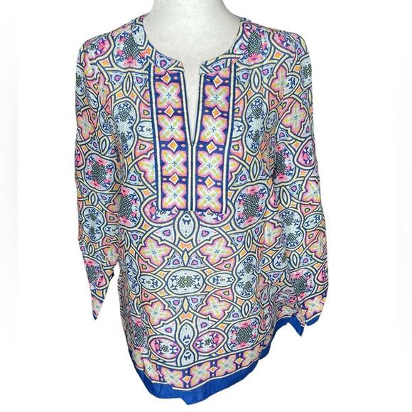 Talbots colorful Geometric Tunic Blouse Cotton V-neckline Size Small Petite - Picture 1 of 11